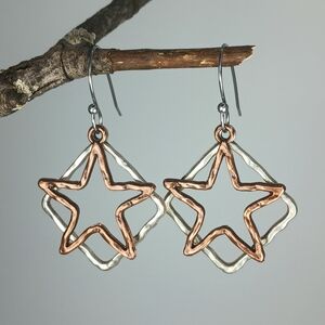 HAND CRAFTED EARRINGS Boho Celestial Copper Star Silver Mixed Metal Dangle Drop
